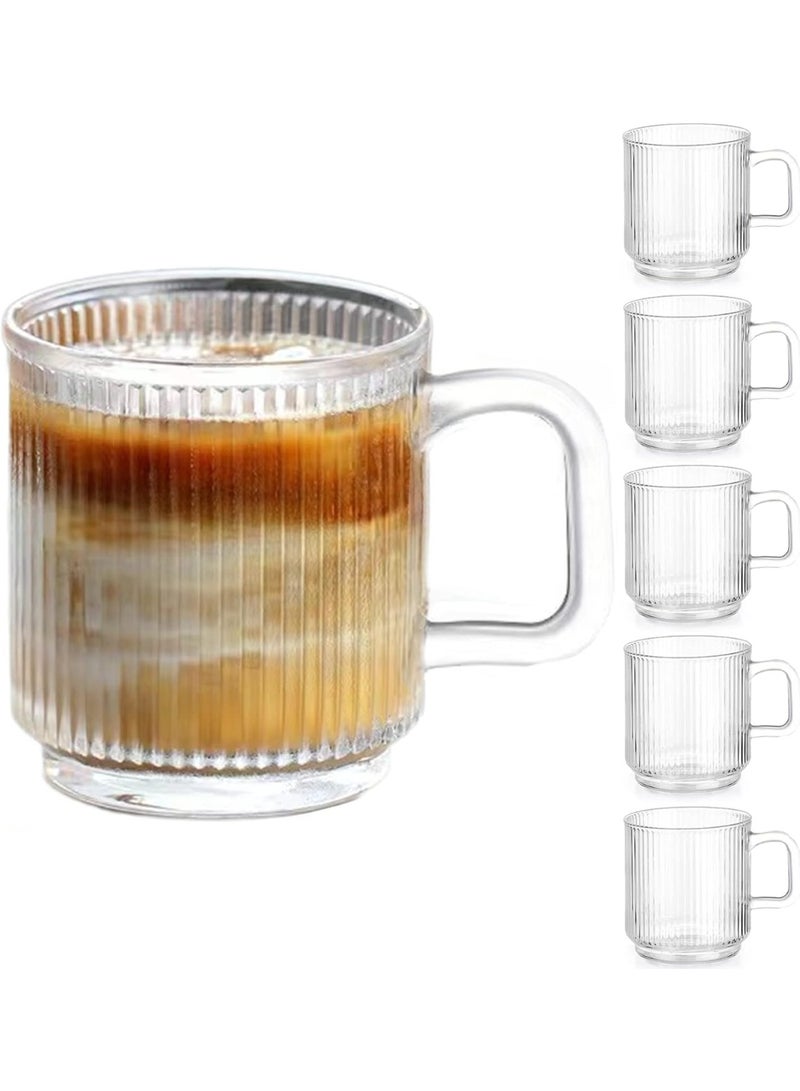 6 قطع من كؤوس القهوة الزجاجية الفاخرة مع مقبض، 12 أونصة كؤوس قهوة زجاجية كلاسيكية بأشرطة رأسية، كوب شاي شفاف للمشروبات الساخنة/الباردة، مجموعة أدوات زجاجية ل Americano، Latte، Cappuccino - Image 1